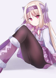 Rule 34 | 1girl, absurdres, ainu clothes, blush, bow, closed mouth, fate/grand order, fate (series), fingerless gloves, gloves, grey background, hair between eyes, hair bow, hairband, highres, illyasviel von einzbern, knees up, long hair, long sleeves, looking at viewer, natsu (sinker8c), pantyhose, purple bow, purple skirt, red eyes, scarf, sidelocks, simple background, sitonai (fate), sitting, skirt, smile, solo, thighs