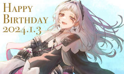 Rule 34 | 1girl, :d, absurdres, ammunition belt, arknights, black dress, blue background, cross scar, dated, dress, earrings, grey eyes, grey hair, happy birthday, head wings, highres, irene (arknights), jewelry, long sleeves, looking at viewer, multicolored clothes, multicolored dress, open mouth, riri hashi, scar, scar across eye, simple background, smile, solo, teeth, upper body, upper teeth only, white dress, wings