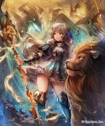 Rule 34 | 10s, 1girl, armor, belt, blonde hair, boots, bow, contrapposto, cygames, dragon, dress, frilled dress, frills, gorget, green eyes, highres, knee boots, lee hyeseung, lion, long hair, looking to the side, magic, mane, official art, parted lips, rubble, shingeki no bahamut, shoulder armor, solo, pauldrons, staff, standing, vambraces