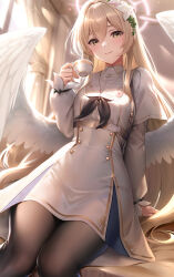 Rule 34 | 1girl, angel wings, arm at side, arm support, backlighting, badge, black pantyhose, blonde hair, blue archive, breasts, button badge, closed mouth, commentary request, covered navel, cup, curtains, dot nose, feathered wings, fingernails, flower, gold trim, hair between eyes, hair flower, hair ornament, halo, hand up, highres, holding, holding cup, indoors, ken ill, knees together feet apart, long hair, long sleeves, looking at viewer, low wings, nagisa (blue archive), pantyhose, school uniform, sitting, small breasts, smile, solo, teacup, very long hair, white sleeves, window, wings, yellow eyes