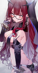 Rule 34 | 1girl, baobhan sith (fate), black-framed eyewear, black nails, black panties, black sleeves, black veil, bracelet, butt crack, chain, chain earrings, commentary, cowboy shot, detached sleeves, earrings, fate/grand order, fate (series), fingernails, from side, glasses, grey eyes, highres, holding, holding removed eyewear, jewelry, long hair, looking at viewer, march ab, midriff, nail polish, panties, red hair, revealing clothes, semi-rimless eyewear, sharp fingernails, sidelocks, solo, spiked bracelet, spikes, under-rim eyewear, underwear, unworn eyewear, veil, wavy mouth