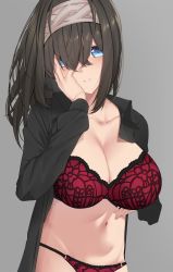 Rule 34 | 1girl, black collar, black shirt, blue eyes, bra, breast lift, breasts, brown hair, cleavage, collar, collarbone, collared shirt, dress shirt, floral print, fuurin restia, grey background, groin, hair over one eye, hairband, hand on breast, hand on own face, highres, idolmaster, idolmaster cinderella girls, large breasts, light blush, long sleeves, looking at viewer, navel, open clothes, open shirt, panties, parted lips, red bra, red panties, sagisawa fumika, shirt, sidelocks, simple background, solo, string panties, underwear, upper body