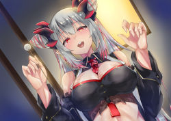 Rule 34 | 1girl, nanashi inc., bare shoulders, between breasts, blush, breasts, collared shirt, crop top, detached sleeves, from below, grey hair, hair between eyes, haizanhei, highres, honey strap, horns, indoors, long hair, looking at viewer, medium breasts, mimikaki, multicolored hair, necktie, necktie between breasts, open mouth, pink hair, pointy ears, red eyes, shiny skin, shirt, solo, streaked hair, suou patra, upper body, very long hair, virtual youtuber