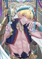 Rule 34 | 1boy, abs, bare pectorals, blonde hair, cropped vest, cup, earrings, fate/grand order, fate (series), gauntlets, gilgamesh, gilgamesh (caster) (fate), gilgamesh (fate), hair between eyes, highres, holding, holding cup, ichimichi 111, jewelry, looking at viewer, male focus, pectorals, red eyes, short hair, single gauntlet, smile, solo, turban, upper body, vest