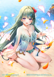 Rule 34 | 1girl, :d, anklet, bare legs, bare shoulders, barefoot, beach, bow, breasts, cleavage, commentary request, copyright notice, day, enju (z/x), flower, green bow, green hair, hair between eyes, hair flower, hair ornament, hand up, heart, holding, jewelry, long hair, looking at viewer, medium breasts, momoshiki tsubaki, navel, official art, on ground, open mouth, outdoors, purple eyes, red flower, sand, see-through, smile, solo, very long hair, water, x hair ornament, z/x