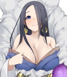 Rule 34 | 1girl, bare shoulders, black hair, blue dress, blue eyes, blue kimono, breasts, cleavage, closed mouth, collarbone, commentary request, dress, earrings, eyelashes, fur trim, hair over one eye, hand up, highres, japanese clothes, jewelry, kaguya (sinoalice), kaguya  hime (sinoalice), kimono, large breasts, long hair, long sleeves, looking at viewer, off-shoulder dress, off shoulder, sente, simple background, sinoalice, smile, solo, upper body, white background, wide sleeves