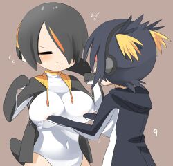 Rule 34 | 2girls, ^^^, bird tail, black hair, black jacket, blonde hair, blush, breasts, brown background, clenched hands, closed eyes, closed mouth, commentary request, covered erect nipples, covered navel, cowboy shot, emperor penguin (kemono friends), frown, hair between eyes, headphones, highres, jacket, kemono friends, large breasts, lets0020, long bangs, multicolored hair, multiple girls, numbered, one-piece swimsuit, open clothes, open jacket, orange hair, poking nipple, rockhopper penguin (kemono friends), short hair, simple background, streaked hair, swimsuit, tail, white one-piece swimsuit