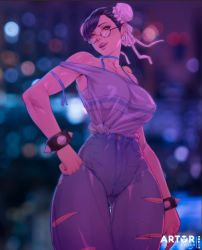 Rule 34 | 1girl, alternate costume, artist name, arttoru, black hair, blurry, blurry background, bokeh, bracelet, breasts, bun cover, capcom, chun-li, covered erect nipples, cowboy shot, depth of field, glasses, grey shirt, hand on own hip, jewelry, large breasts, open mouth, ribbon, shirt, shirt tucked in, smile, solo, spiked bracelet, spikes, strap slip, street fighter, teeth, tied shirt, torn clothes, upper teeth only, white ribbon
