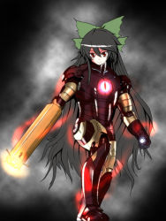 Rule 34 | 1girl, arm cannon, armor, black hair, bow, cosplay, crossover, hair bow, hair ribbon, iron man, iron man (cosplay), marvel, parody, power armor, red eyes, reiuji utsuho, ribbon, solo, touhou, twoone21, weapon