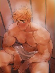 Rule 34 | &gt; o, 1boy, absurdres, bara, blonde hair, blush, closed mouth, granblue fantasy, green eyes, highres, hoonzino, large pectorals, looking at viewer, male focus, muscular, muscular male, one eye closed, pectorals, sauna, short hair, sitting, solo, sweat, thick thighs, thighs, towel, towel around waist, vane (granblue fantasy)