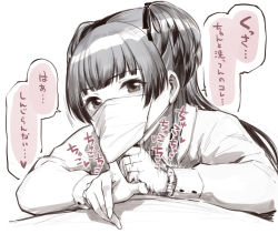 Rule 34 | 1girl, commentary request, fellatio under mask, greyscale, hair ribbon, handjob, idolmaster, idolmaster shiny colors, implied fellatio, looking at viewer, mask, mayuzumi fuyuko, monochrome, mouth mask, penis, pov, ribbon, short twintails, solo focus, sunaba suzume, surgical mask, translated, twintails, two side up