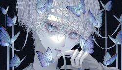 Rule 34 | 1boy, aqua eyes, bishounen, blue butterfly, blue eyes, bug, butterfly, green eyes, heterochromia, highres, insect, looking at viewer, male focus, mouth hold, original, ribbon, ribbon in mouth, sasame 20, shiny skin, short hair, slit pupils, solo