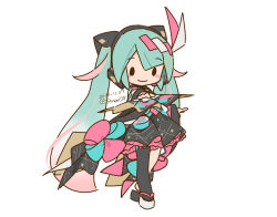 Rule 34 | 1girl, aiming, aiming at viewer, asymmetrical legwear, black thighhighs, blush stickers, chibi, commentary request, folding fan, foreshortening, full body, gradient hair, hair ornament, hand fan, hatsune miku, highres, holding, holding fan, japanese clothes, kimono, long hair, looking at viewer, magical mirai (vocaloid), magical mirai miku, magical mirai miku (2020 summer), multicolored hair, pink hair, sandals, sanpati, single thighhigh, smile, solid oval eyes, solo, standing, thighhighs, twintails, uneven legwear, very long hair, vocaloid, white background, yukata, zouri