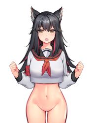 Rule 34 | 1girl, absurdres, alternate costume, animal ear fluff, animal ear piercing, animal ears, arknights, black hair, black sailor collar, bottomless, chestnut mouth, chikahisa (myr7), colored inner hair, commentary request, cowboy shot, crop top, cropped shirt, ear piercing, groin, hands up, highres, long hair, looking at viewer, multicolored hair, navel, neckerchief, open mouth, piercing, pussy, raised eyebrows, red hair, red neckerchief, sailor collar, school uniform, serafuku, shirt, simple background, solo, straight-on, sweatdrop, texas (arknights), white background, white shirt, wolf ears, yellow eyes