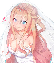 Rule 34 | 1girl, bare shoulders, blonde hair, blush, breasts, bridal veil, cleavage, closed mouth, collarbone, commentary, dress, fang, fang out, girls&#039; frontline, hair between eyes, heart, highres, large breasts, long hair, meow nyang, official alternate costume, see-through, simple background, skin fang, smile, solo, strapless, strapless dress, suomi (blissful mission) (girls&#039; frontline), suomi (girls&#039; frontline), tiara, veil, very long hair, wedding dress, white background, white dress