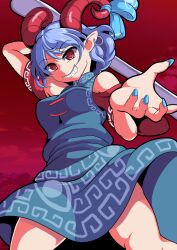Rule 34 | 1girl, blue dress, blue hair, blue nails, blue ribbon, breasts, curled horns, dress, earrings, hair ribbon, highres, holding, horns, jewelry, looking at viewer, meandros, medium breasts, nioti, pointy ears, red background, red eyes, red horns, red sleeves, ribbon, sharp teeth, short hair, smile, solo, teeth, touhou, toutetsu yuuma