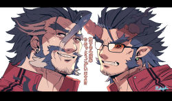 Rule 34 | 2boys, alternate costume, anniversary, beard, blue hair, collared shirt, daikoku (housamo), dark blue hair, demon boy, earrings, facial hair, fang, fiery horns, forked eyebrows, glasses, highres, horns, jewelry, letterboxed, long sideburns, looking at viewer, male focus, multiple boys, mustache, portrait, red eyes, red shirt, rybiok, scar, scar on neck, shirt, sideburns, smile, stubble, takemaru (housamo), thick eyebrows, tokyo houkago summoners, translation request, upper body