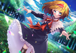 Rule 34 | 1girl, alice margatroid, blonde hair, blue dress, blue eyes, boots, brown footwear, capelet, closed mouth, cross-laced footwear, day, dress, fingernails, hairband, highres, lace-up boots, littolebusters, lolita hairband, long sleeves, red hairband, short hair, smile, solo, touhou, tree, white capelet