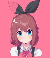 Rule 34 | 1girl, bad id, bad pixiv id, blue eyes, blush, bow, brown hair, closed mouth, collared shirt, expressionless, hairband, highres, looking at viewer, original, pink background, red bow, shirt, simple background, solo, takom, upper body, white shirt