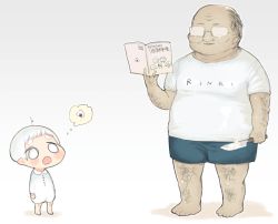 Rule 34 | 2boys, age difference, aki ral, balding, book, bowl cut, chibi, child, faceless, faceless male, fat, fat man, food, full body, glasses, gradient background, hairy, holding, holding book, holding knife, kindergarten uniform, knife, male focus, multiple boys, onigiri, original, short shorts, shorts, simple background, solid circle eyes, thought bubble, translated, white hair