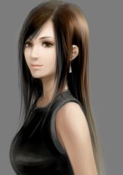 Rule 34 | 00s, 1990s (style), 1girl, ask (askzy), bad id, bad pixiv id, black hair, brown eyes, brown hair, earrings, female focus, final fantasy, final fantasy vii, final fantasy vii advent children, grey background, highres, jewelry, long hair, retro artstyle, simple background, smile, solo, tifa lockhart, upper body