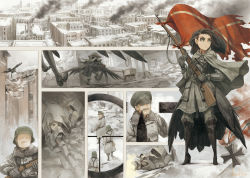 Rule 34 | 1girl, after battle, asterisk kome, bolt action, boots, building, camouflage, city, cityscape, comic, commentary, flag, flying, gloves, gun, hat, helmet, highres, long hair, military, military hat, military uniform, mosin-nagant, multiple girls, original, rifle, ruins, scope, sky, sniper, scope, soldier, uniform, weapon, wings