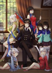 Rule 34 | 1boy, 6+girls, absurdres, admiral (warship girls r), axis powers hetalia, bare shoulders, black hair, braid, brown eyes, brown hair, capelet, chair, chao ho (warship girls r), character request, china (hetalia), china dress, chinese clothes, chongqing (warship girls r), crossed legs, curtains, detached sleeves, double bun, dress, flower, green eyes, hair bun, hair flower, hair ornament, hair ribbon, hair tubes, hat, highres, japanese clothes, kelang, kimono, long hair, looking at viewer, lying, middle finger, military, military uniform, mole, mole under eye, multiple girls, ning hai (warship girls r), obi, oil-paper umbrella, on side, pantyhose, peaked cap, ping hai (warship girls r), pleated skirt, ponytail, pot, red eyes, ribbon, sash, short hair, short kimono, side bun, side ponytail, silver hair, single side bun, sitting, skirt, standing, umbrella, uniform, warship girls r, window, yat sen (warship girls r), yellow eyes, ying swei (warship girls r)