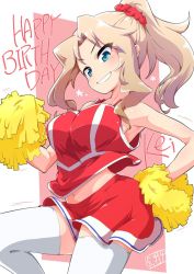 Rule 34 | 1girl, alternate costume, alternate hairstyle, artist name, blonde hair, blue eyes, bob (you-u-kai), breasts, character name, cheerleader, commentary, english text, girls und panzer, grin, hair ornament, hair scrunchie, hair up, hand on own hip, holding, holding pom poms, kay (girls und panzer), large breasts, leg up, long hair, looking at viewer, midriff, miniskirt, motion lines, navel, pom pom (cheerleading), pom poms, ponytail, red scrunchie, red shirt, red skirt, scrunchie, shirt, signature, single horizontal stripe, skirt, sleeveless, sleeveless shirt, smile, solo, standing, thighhighs, white thighhighs