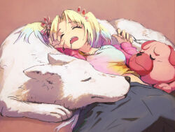 Rule 34 | 1girl, black pants, blonde hair, blue hair, breasts, bulldog, check commentary, closed eyes, collarbone, commentary request, dog, dog on lap, drooling, fang, flower, gradient hair, hair flower, hair ornament, lao ren xing, light blue hair, link! like! love live!, long hair, long sleeves, love live!, lying, lying on animal, medium breasts, multicolored hair, multiple dogs, on back, open mouth, osawa rurino, pants, parted bangs, shirt, sleeping, twintails, white dog, white shirt