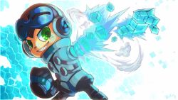 Rule 34 | 1boy, beck (mighty no. 9), clenched hand, digital dissolve, goggles, goggles on head, green eyes, grin, heilos, helmet, male focus, mighty no. 9, robot, smile, solo