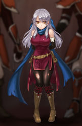 Rule 34 | 1girl, 2others, absurdres, arm behind back, armor, bangle, bare shoulders, bdsm, belt, black gloves, black pantyhose, blue scarf, blurry, blurry background, bondage, boots, bound, bracelet, breasts, bruise, captured, commission, depth of field, dress, elbow gloves, fire emblem, fire emblem: radiant dawn, gloves, hair ribbon, half updo, hazuki (nyorosuke), highres, imminent rape, injury, jewelry, large breasts, leash, long hair, micaiah (fire emblem), multiple others, nintendo, out of frame, pantyhose, restrained, ribbon, rope, scarf, side slit, silver hair, skeb commission, sleeveless, sleeveless dress, solo focus, sweatdrop, torn clothes, torn dress, torn legwear, yellow eyes