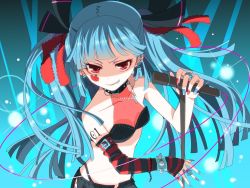 Rule 34 | 1girl, bad id, bad pixiv id, blue hair, bracelet, casual, collar, earrings, elbow gloves, fashion, gloves, grin, hair ribbon, hatsune miku, hiiro (kikokico), hime cut, jewelry, kiko, long hair, microphone, microphone stand, necklace, red eyes, ribbon, ring, smile, smirk, solo, spiked bracelet, spikes, striped, twintails, vocaloid