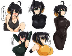 Rule 34 | 1girl, ahoge, alternate breast size, alternate costume, armpits, arms behind head, arms up, bare shoulders, black hair, blonde hair, breasts, cleavage, comic, detached sleeves, duel monster, forehead protector, green eyes, highres, jacket, large breasts, multicolored hair, pants, ponytail, ribbed sweater, s-force rappa chiyomaru, simple background, sleeveless, sleeveless sweater, smile, sweater, tank top, tkool man, track jacket, translated, variations, whistling, white background, yu-gi-oh!