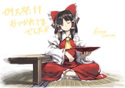 Rule 34 | 1girl, alcohol, artist name, ascot, bad id, bad twitter id, benitama, black hair, bow, brown eyes, cup, detached sleeves, hair bow, hair ornament, hair tubes, hakurei reimu, japanese clothes, long sleeves, looking at viewer, miko, one eye closed, sakazuki, sake, shirt, short hair, signature, simple background, sitting, skirt, skirt set, solo, table, text focus, touhou, vest, white background, wide sleeves, wink