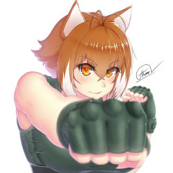 Rule 34 | absurdres, animal ears, antenna hair, blazblue, blurry, blush, breasts, brown hair, clenched hands, depth of field, fingerless gloves, gloves, highres, large breasts, looking at viewer, makoto nanaya, multicolored hair, orange eyes, punching, shirt, smile, solo, squirrel ears, taut clothes, taut shirt, thore (nathalukpol), two-tone hair, upper body, white background