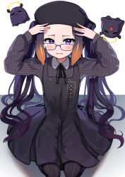 Rule 34 | 1girl, absurdres, beret, black dress, blush, commentary request, dress, fang, flat chest, glasses, halo, hands up, hat, highres, hololive, hololive english, long hair, looking at viewer, mole, mole under eye, ninomae ina&#039;nis, ninomae ina&#039;nis (casual), open mouth, pantyhose, purple eyes, purple hair, seiza, simple background, sitting, solo, takodachi (ninomae ina&#039;nis), trap (drthumt), twintails, very long hair, virtual youtuber, white background