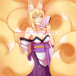 Rule 34 | 1girl, aged up, animal ear fluff, animal ears, artist logo, artist name, bare shoulders, blonde hair, blush, breasts, charm (object), chest tattoo, english text, fan, female focus, fox, fox ears, fox girl, fox tail, green eyes, hair ornament, hand fan, highres, holding, holding fan, japanese clothes, kimono, kitsune, large breasts, long hair, long sleeves, looking at viewer, meme, mon-musu quest!, monster girl, multiple tails, neck tattoo, open clothes, open kimono, presenting, red ribbon, ribbon, sash, smile, solo, standing, tail, tamamo (mon-musu quest!), tattoo, watermark