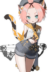 Rule 34 | 1girl, animal ear fluff, animal ears, aqua eyes, arms behind back, bangs pinned back, beret, black hat, black shorts, blush, bow (weapon), cat ears, cat girl, cat tail, compound bow, detached sleeves, diona (genshin impact), genshin impact, hat, highres, holding, holding bow (weapon), holding weapon, looking at viewer, navel, parted lips, pink hair, shirt, short hair, short shorts, shorts, simple background, sirayukisiu, solo, tail, weapon, white background