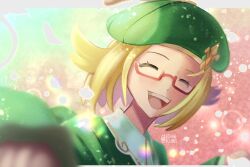 Rule 34 | 1girl, absurdres, bianca (champion) (pokemon), bianca (pokemon), blonde hair, closed eyes, creatures (company), game freak, glasses, green hat, hat, highres, nintendo, official alternate costume, open mouth, petals, pokemon, pokemon masters ex, red-framed eyewear, scraggscribs, smile, solo, watermark