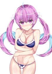 Rule 34 | 1girl, bikini, blush, braid, breasts, cleavage, collarbone, colored inner hair, drill hair, embarrassed, groin, hair ribbon, hololive, looking at viewer, low twintails, medium breasts, minato aqua, mizuki haruka, multicolored hair, navel, purple eyes, purple hair, ribbon, shiny skin, solo, swimsuit, twin drills, twintails, virtual youtuber, white background