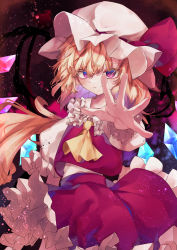 Rule 34 | 1girl, absurdres, ascot, calpis118, closed mouth, cowboy shot, crystal, dark background, flandre scarlet, foreshortening, frilled shirt collar, frilled skirt, frills, hat, hat ribbon, highres, laevatein (touhou), looking at viewer, mob cap, outstretched arm, outstretched hand, puffy short sleeves, puffy sleeves, purple eyes, rainbow order, red ribbon, red skirt, red vest, ribbon, shirt, short hair, short sleeves, skirt, skirt set, solo, touhou, vest, white hat, white shirt, wings, yellow ascot