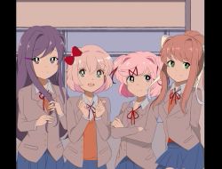 Rule 34 | 1980s (style), 4girls, :d, :t, anime coloring, arms behind back, blue eyes, blue skirt, bow, bright pupils, brown hair, chocomiru, commentary, cowboy shot, crossed arms, doki doki literature club, english commentary, eyes visible through hair, green eyes, grey jacket, hair between eyes, hair bow, hair ornament, hair ribbon, hairclip, hands up, jacket, long hair, looking at viewer, making-of available, monika (doki doki literature club), multiple girls, natsuki (doki doki literature club), oldschool, open mouth, orange vest, pillarboxed, pink eyes, pink hair, ponytail, pout, purple eyes, purple hair, red bow, red ribbon, retro artstyle, ribbon, sayori (doki doki literature club), school uniform, shirt, short hair, skirt, smile, two side up, vest, white ribbon, white shirt, yuri (doki doki literature club)