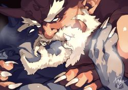 Rule 34 | 3boys, bald, bara, beard, blue oni, blue skin, colored skin, commentary request, extra horns, face, facial hair, fingernails, forked eyebrows, giant, giant male, highres, horns, kimidori (dera kimidori), male focus, mature male, multiple boys, muscular, muscular male, mustache, no pupils, oni, oni horns, original, red oni, red skin, sharp fingernails, thick eyebrows