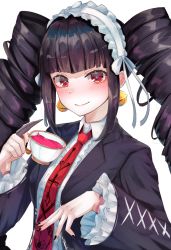Rule 34 | 1girl, black hair, black jacket, black nails, blunt bangs, blush, bonnet, celestia ludenberg, claw ring, closed mouth, collared shirt, commentary request, cup, danganronpa: trigger happy havoc, danganronpa (series), drill hair, earrings, fingernails, frilled sleeves, frills, gothic lolita, hair ornament, hairband, highres, holding, holding cup, jacket, jewelry, lolita fashion, long hair, long sleeves, looking at viewer, nail polish, necktie, open clothes, open jacket, print necktie, print neckwear, red eyes, red necktie, shirt, simple background, smile, solo, teacup, twin drills, twintails, upper body, white background, white shirt, yuunamida uyu