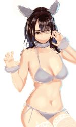 Rule 34 | 1girl, animal ears, bikini, breasts, brown hair, claw pose, cleavage, closed mouth, cowboy shot, fake animal ears, fishnet thighhighs, fishnets, greatmosu, grey bikini, hairband, halterneck, hands up, highres, large breasts, long hair, looking at viewer, mole, mole under eye, mole under mouth, navel, one eye closed, original, red eyes, simple background, solo, swimsuit, thighhighs, white background, white thighhighs, wristband