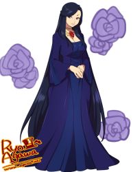 Rule 34 | 1girl, agawa ryou, artist name, bad id, bad tumblr id, black hair, blue eyes, breasts, cleavage, dress, flower, jewelry, long dress, long hair, necklace, original, rose, simple background, solo, very long hair, watermark, web address, white background