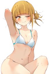 Rule 34 | 1girl, absurdres, arm support, arm up, armpits, bad id, bad twitter id, bare shoulders, bikini, blonde hair, blue bikini, blunt bangs, blush, boku no hero academia, breasts, cleavage, closed mouth, collarbone, double bun, fang, feet out of frame, hair bun, hand in own hair, highres, linea alba, looking at viewer, medium breasts, messy hair, multicolored bikini, multicolored clothes, navel, one eye closed, rasusurasu, short hair with long locks, shoulder blush, sidelocks, simple background, sitting, skin fang, skindentation, smile, solo, swimsuit, toga himiko, tsurime, white background, white bikini, yellow eyes