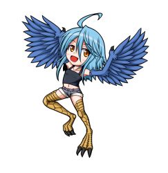 Rule 34 | 10s, 1girl, :d, ahoge, aoba kino, blue hair, blue wings, breasts, chibi, feathered wings, full body, harpy, monster girl, monster musume no iru nichijou, navel, open mouth, orange eyes, papi (monster musume), short shorts, shorts, simple background, small breasts, smile, solo, talons, white background, winged arms, wings