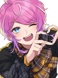Rule 34 | 1boy, amemura ramuda, ascot, blue eyes, blush, hands up, heart, heart hands, highres, hypnosis mic, jacket, kishinaito, long sleeves, looking at viewer, male focus, one eye closed, open mouth, pink hair, plaid ascot, short hair, smile, solo, upper body