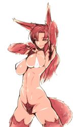 Rule 34 | 1girl, animal ears, armpit hair, armpits, bikini, bikini top only, bottomless, breasts, brown hair, colored pubic hair, cowboy shot, covered erect nipples, female pubic hair, fur, fur trim, grass, highres, imaizumi kagerou, kaminari, large breasts, looking at viewer, parted lips, pubic hair, red eyes, red hair, red pubic hair, simple background, solo, star (sky), star (symbol), swimsuit, tail, toned, touhou, white background, wolf ears, wolf tail